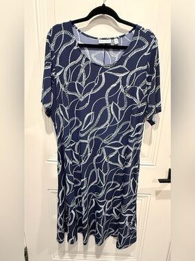 Susan Graver Navy and White Leaf-Print Midi Dress
